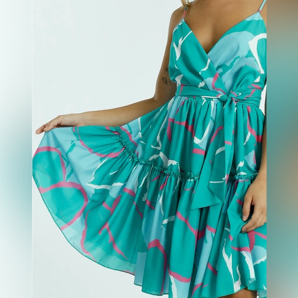 SOLD! NWT! Lili Sidonio by Molly Bracken ‘Hannah’ Teal Print Mini Swing Dress